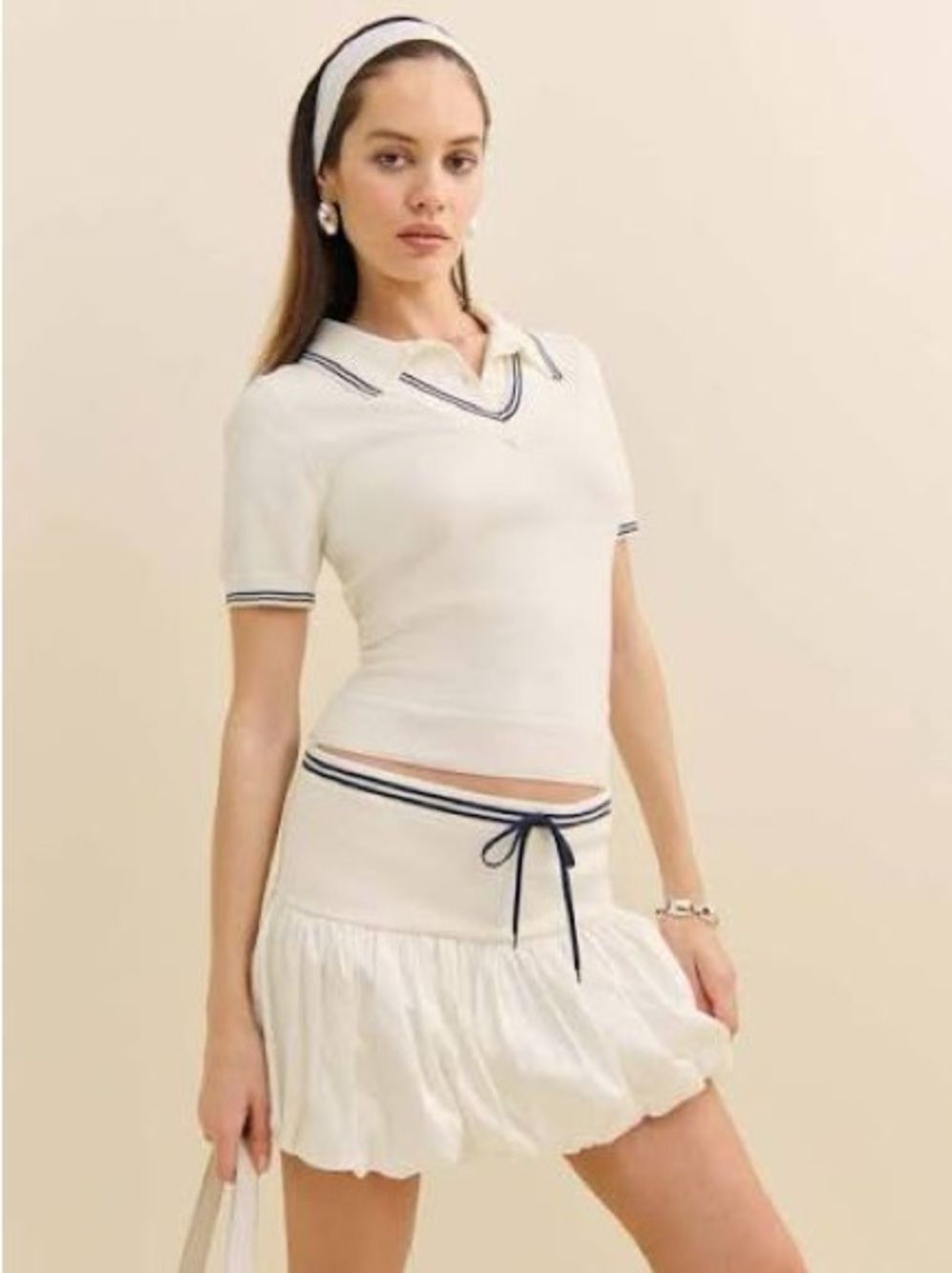NEW Reformation William Cotton Sweater Cream Knit Two-Piece Set with Navy Accent